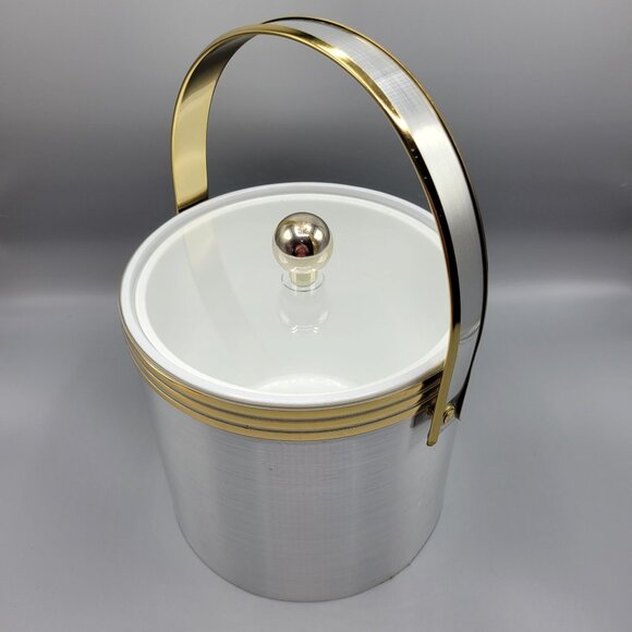 Vintage Mid Century Modern MCM Silver Gold Ice Bucket Clear Lid & Metal Handle - Picture 7 of 14